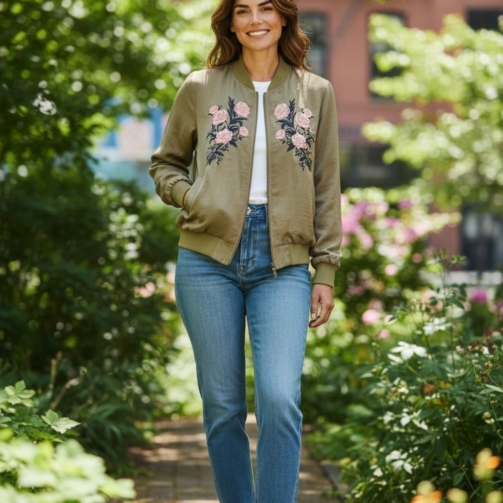 Olive Floral Bomber Jacket